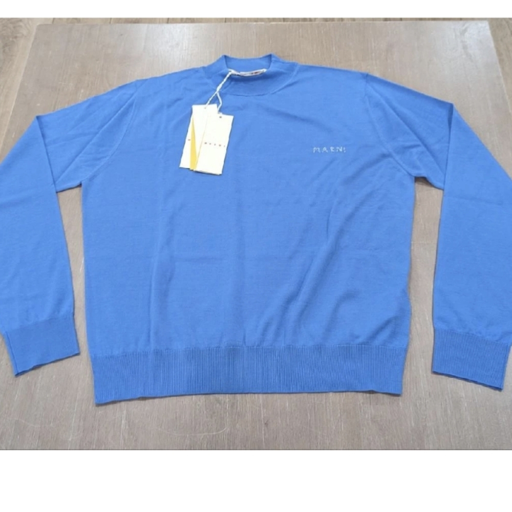 $995 Mens MARNI Wool Logo Mockneck Sweater Light Blue 52 US XL